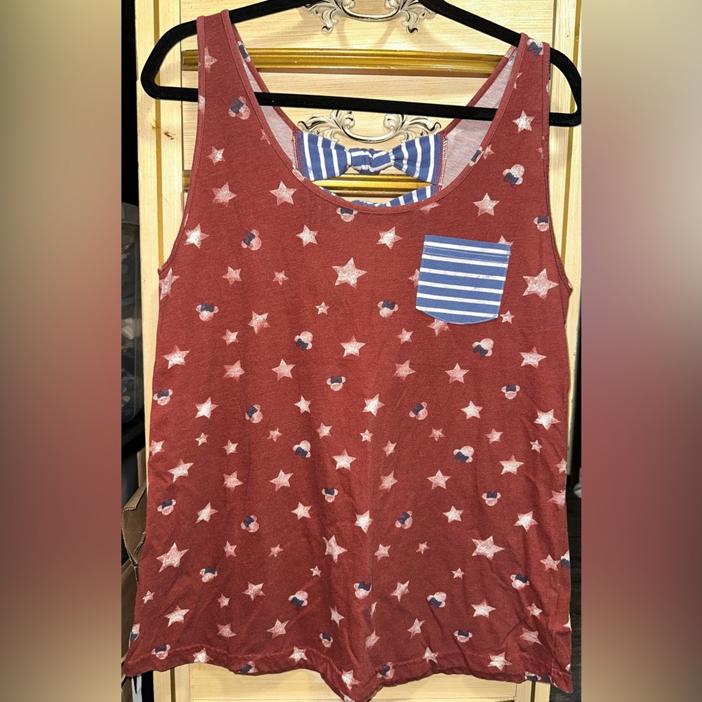 VTG Disney Paris Minnie Mouse Starry Striped Sleeveless Racerback Bow Tank Top